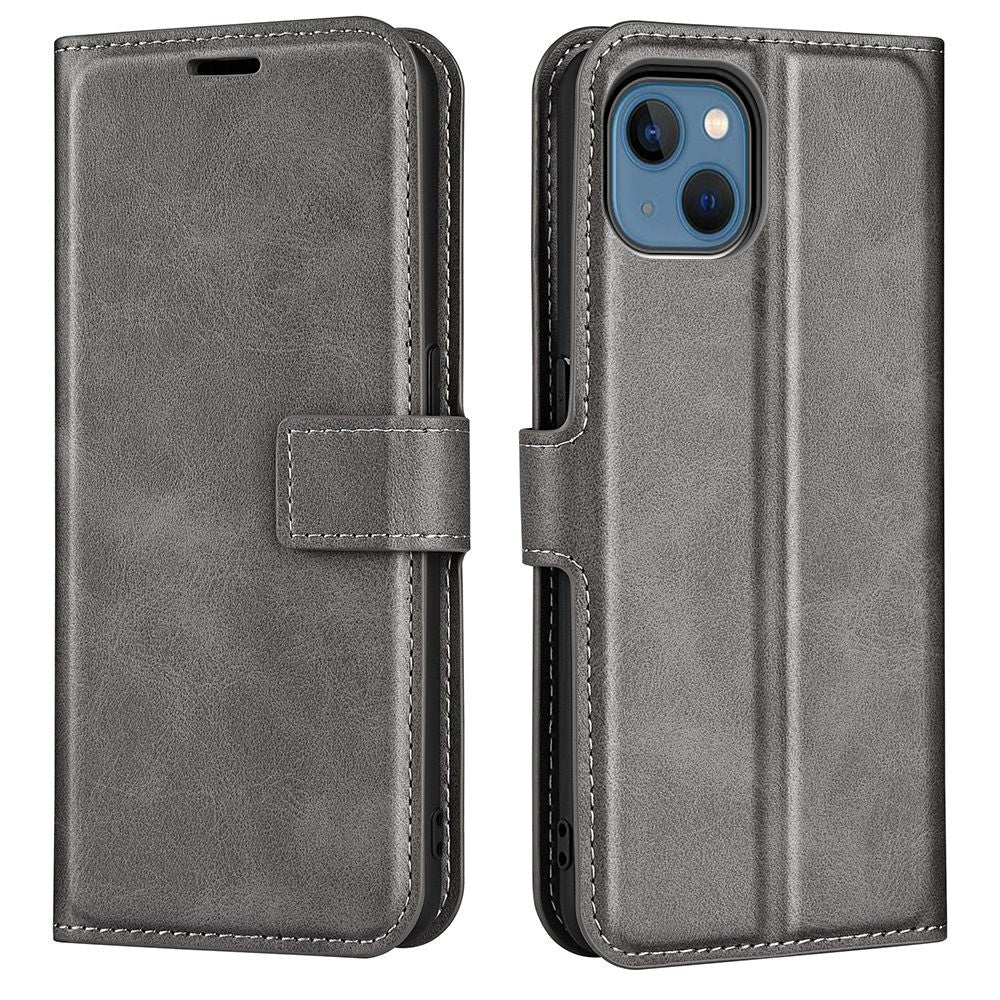 iPhone 14 Plus Leather Cover w. Card Holder & Magnetic Closure - Grey