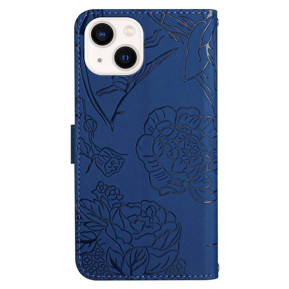 iPhone 14 Wallet Case w. Strap - Butterfly Engraving - Blue