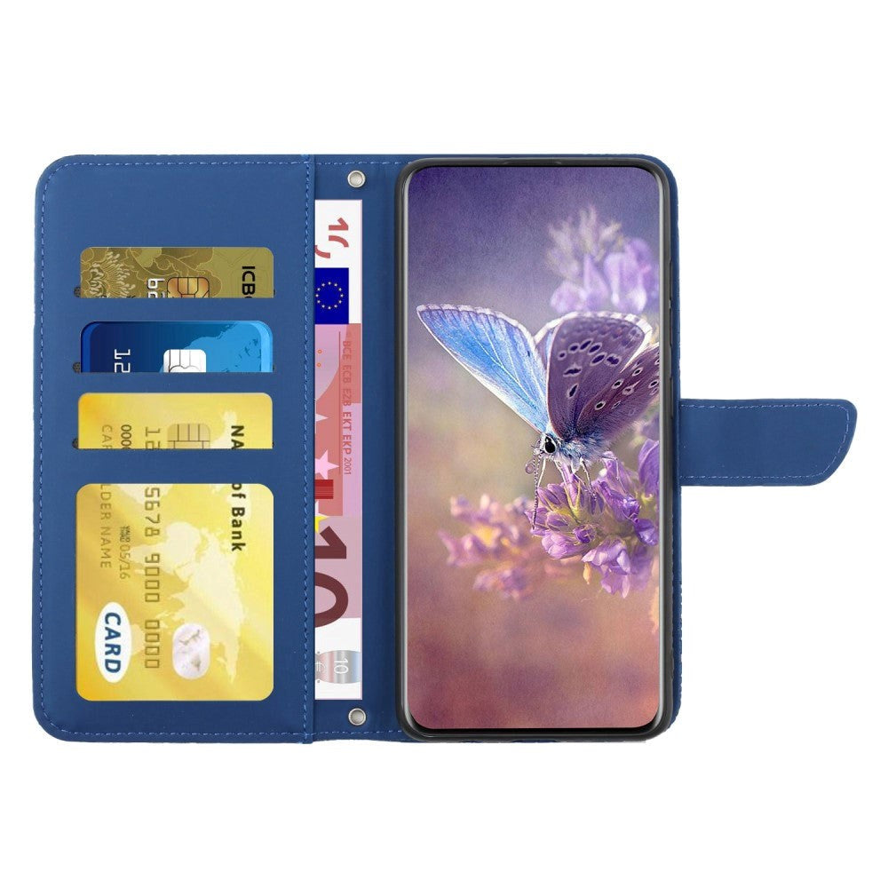 iPhone 14 Wallet Case w. Strap - Butterfly Engraving - Blue