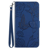 iPhone 14 Wallet Case w. Strap - Butterfly Engraving - Blue