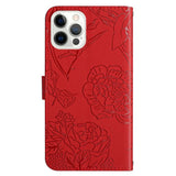 iPhone 14 Pro Wallet Case w. Strap - Butterfly Engraving - Red