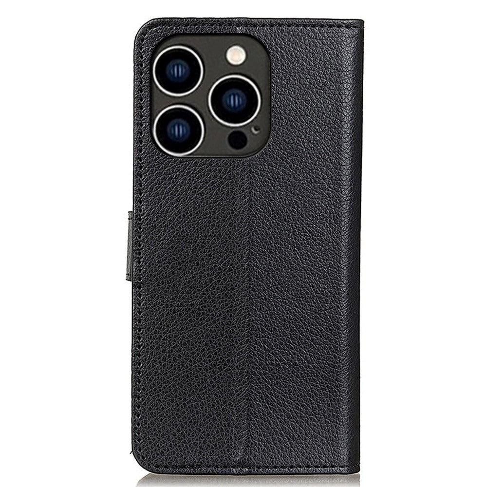 iPhone 14 Pro Litchi Leather Wallet Case & Magnetic Lock - Black