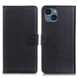 iPhone 14 Plus Litchi Leather Wallet Case - Black