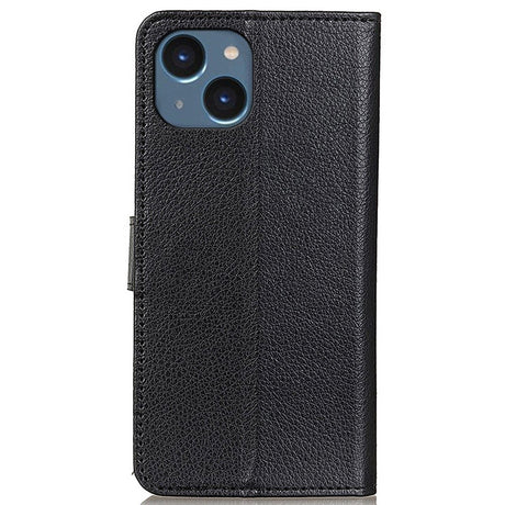 iPhone 14 Plus Litchi Leather Wallet Case - Black