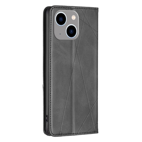 iPhone 14 Plus Leather Flip Case w. Geometric Lines - Black