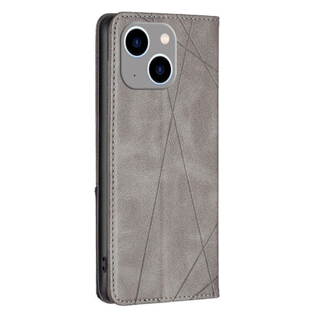 iPhone 14 Plus Leather Flip Case w. Geometric Lines - Gray