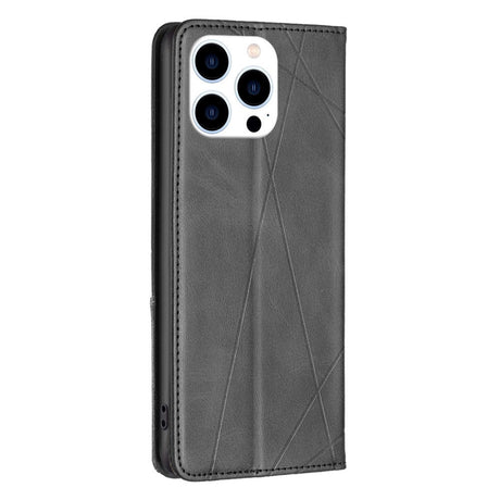 iPhone 14 Pro Leather Flip Case w. Geometric Lines - Black