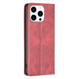 iPhone 14 Pro Leather Flip Case w. Geometric Lines - Red