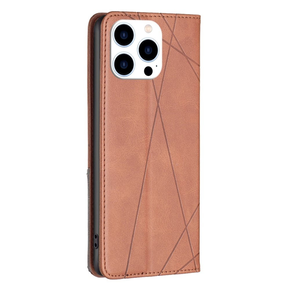 iPhone 14 Pro Leather Flip Case w. Geometric Lines - Brown