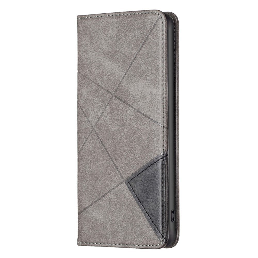 iPhone 14 Pro Leather Flip Case w. Geometric Lines - Grey