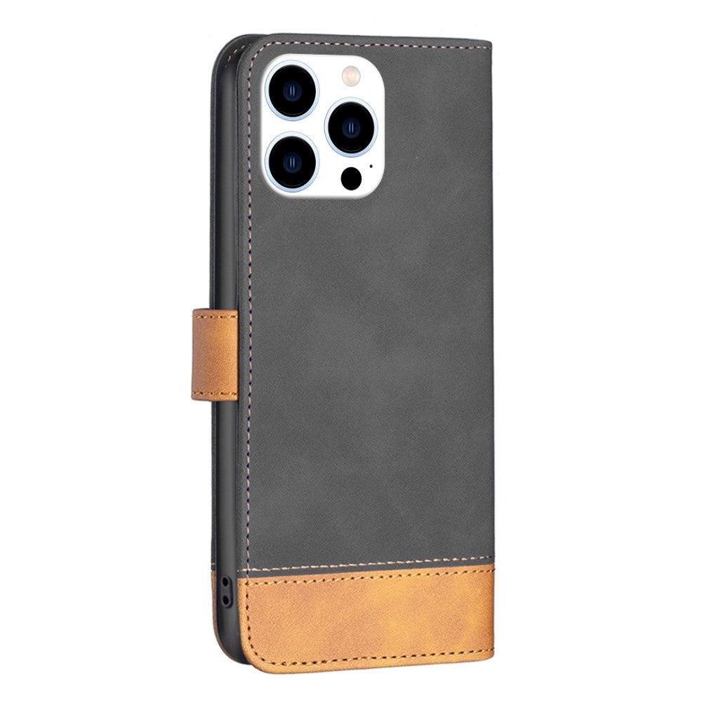 iPhone 14 Pro Soft Leather Flip Case with Wallet & Brown Bottom - Black