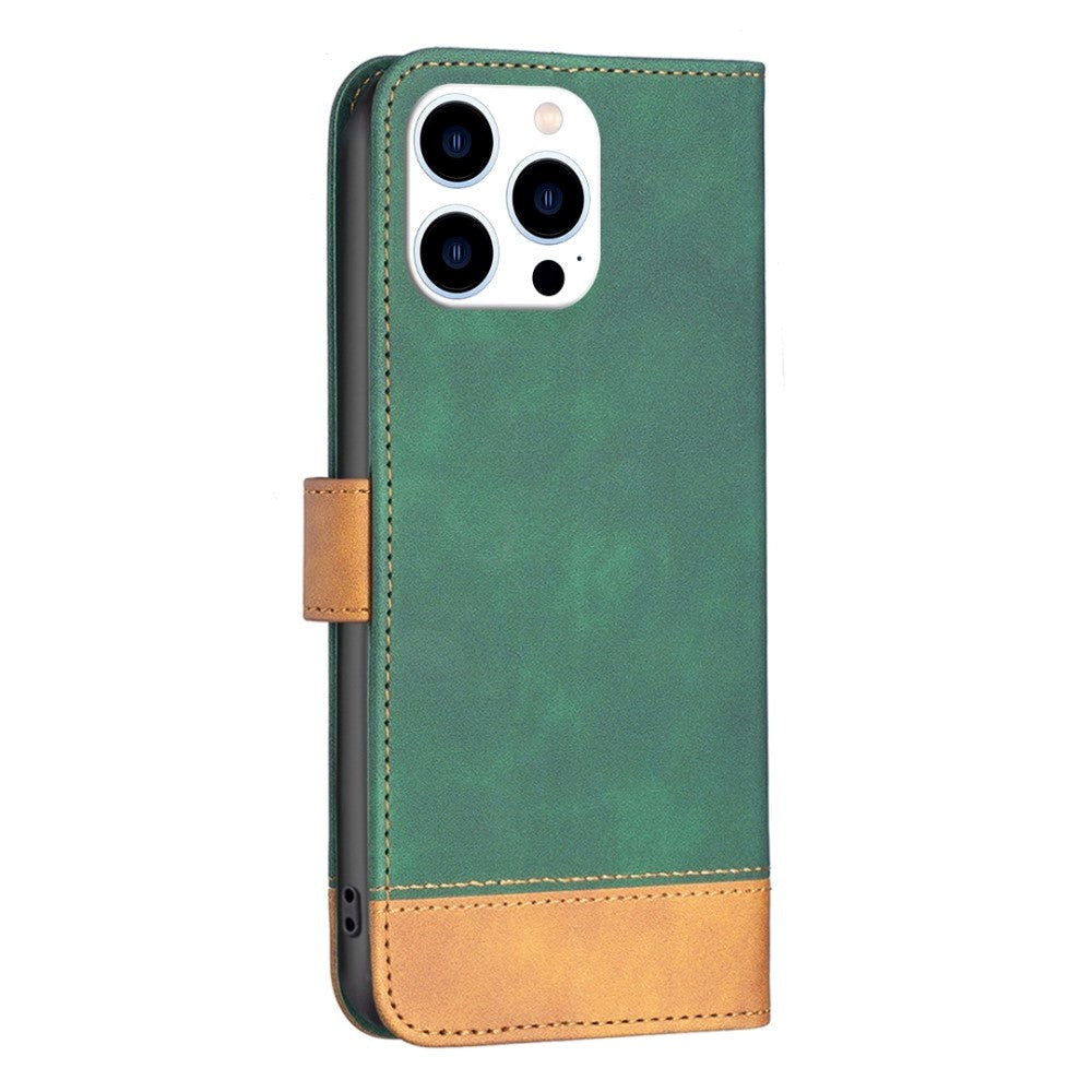 iPhone 14 Pro Soft Leather Flip Case with Wallet & Brown Bottom - Green