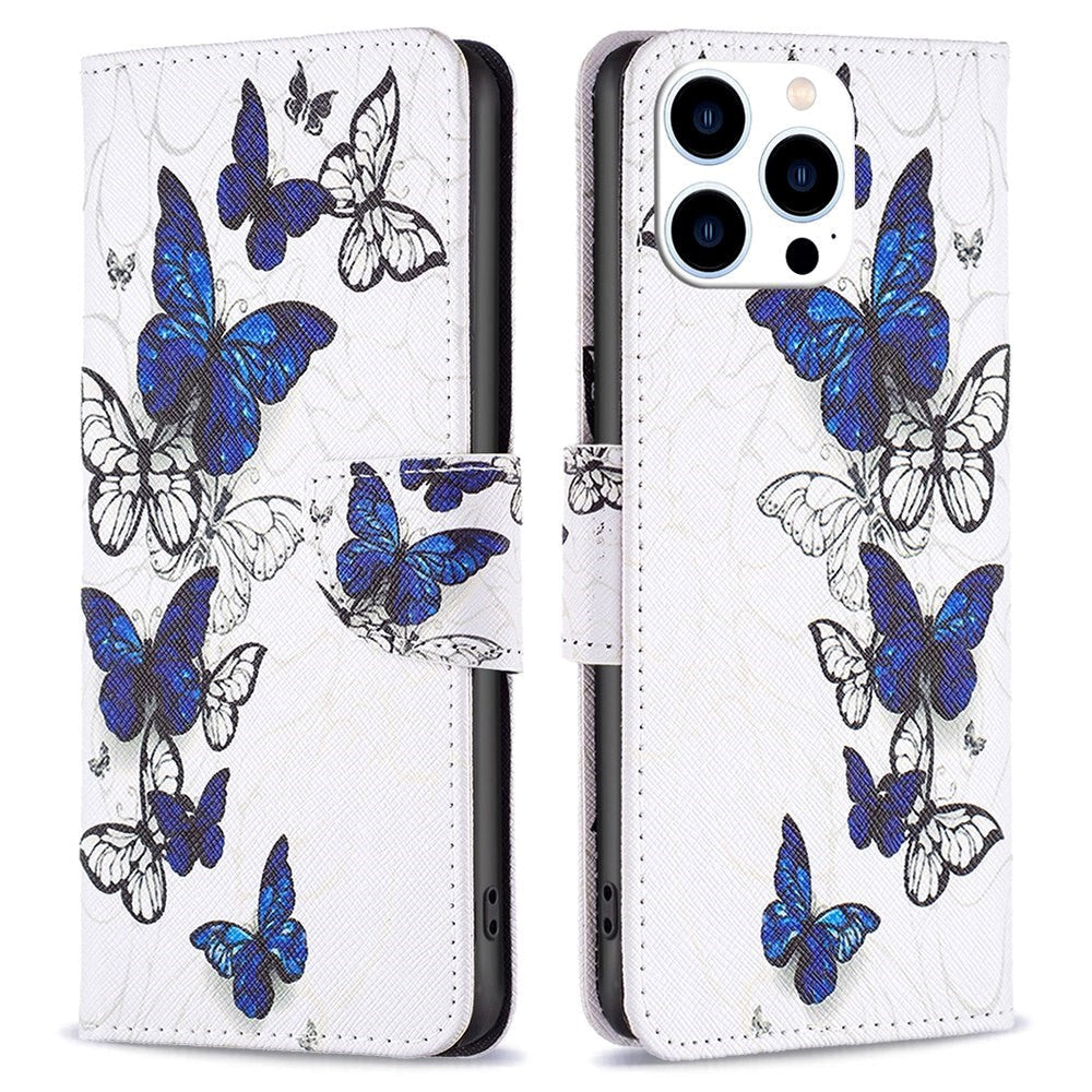 iPhone 14 Pro Leather Wallet Case - Blue / White Butterflies