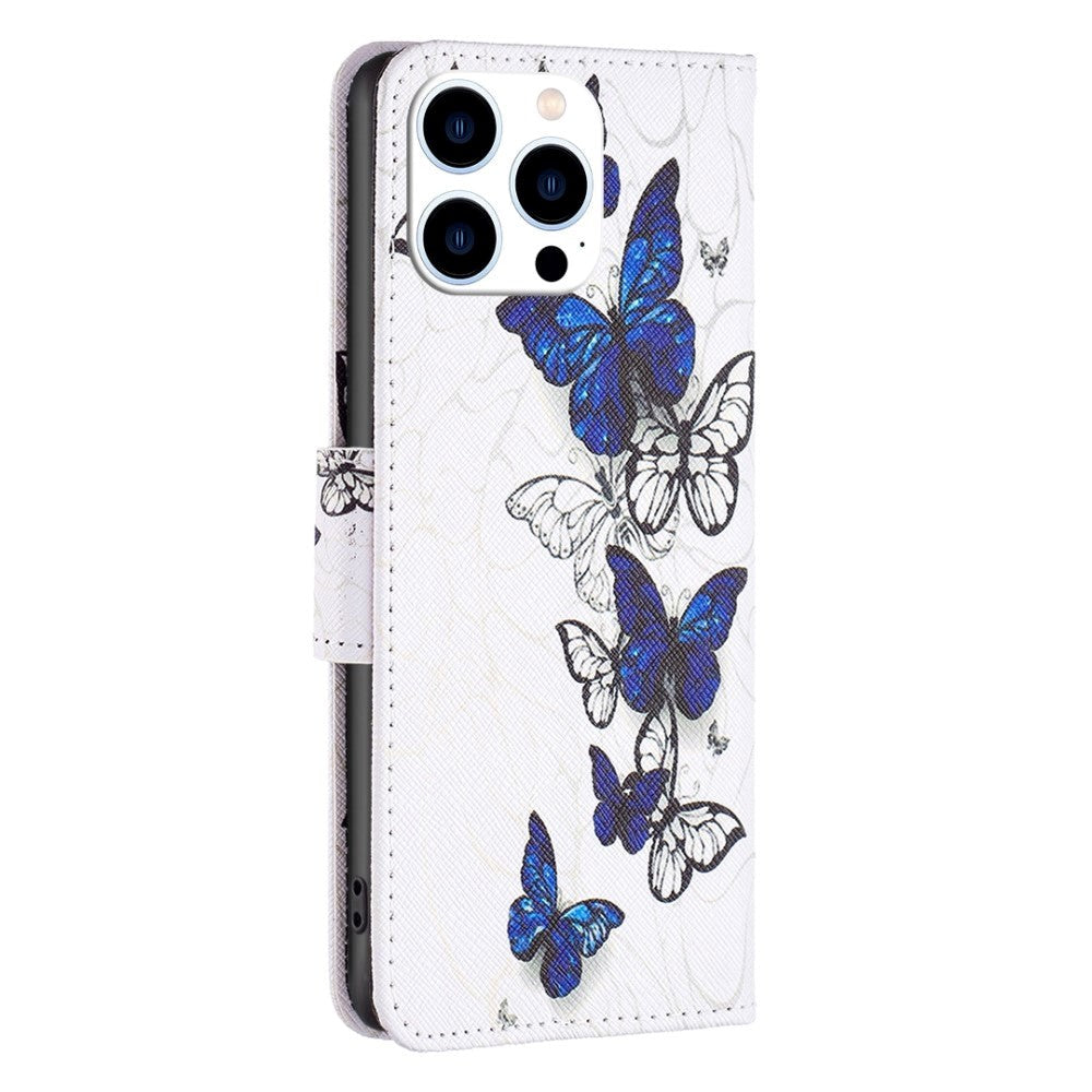 iPhone 14 Pro Leather Wallet Case - Blue / White Butterflies