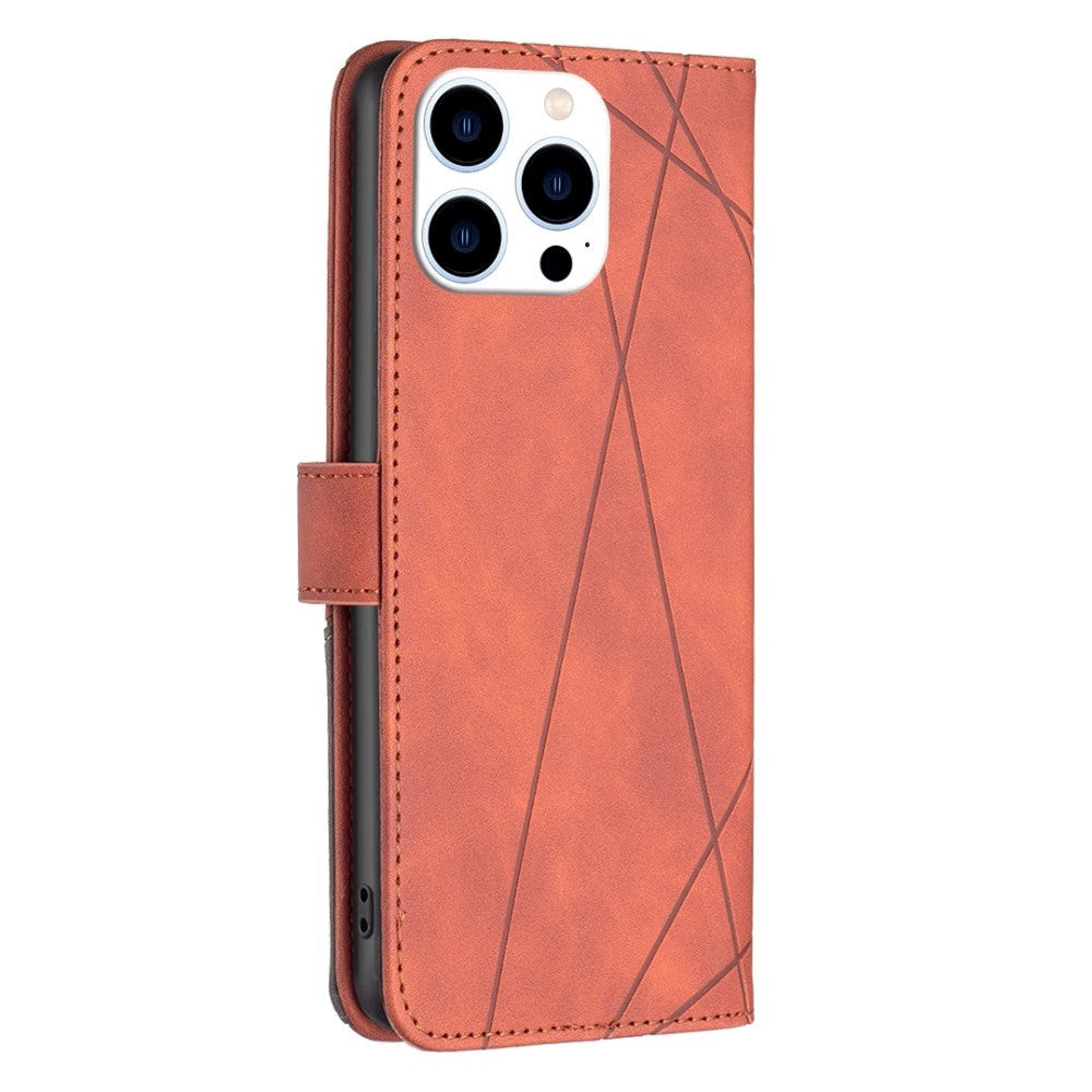 iPhone 14 Pro Leather Flip Case w. Geometric Pattern - Brown