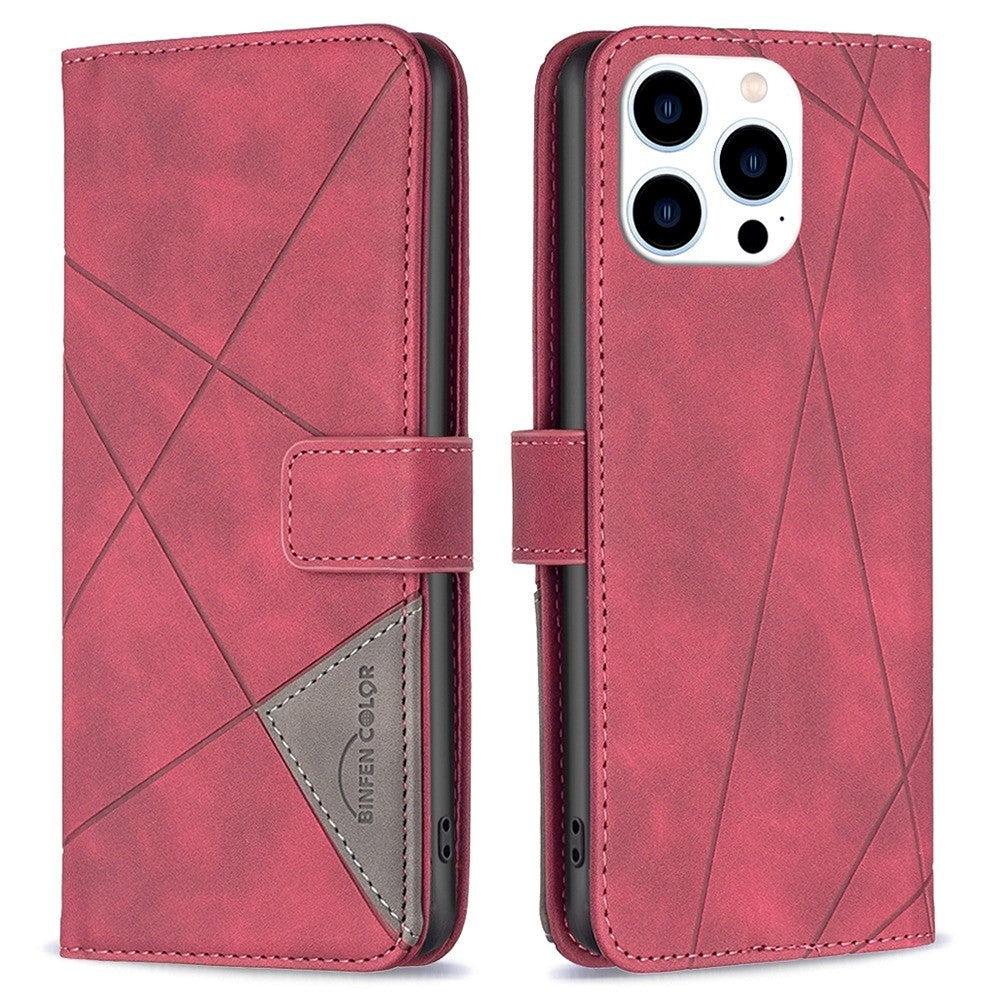 iPhone 14 Pro Leather Flip Case w. Geometric Pattern - Red