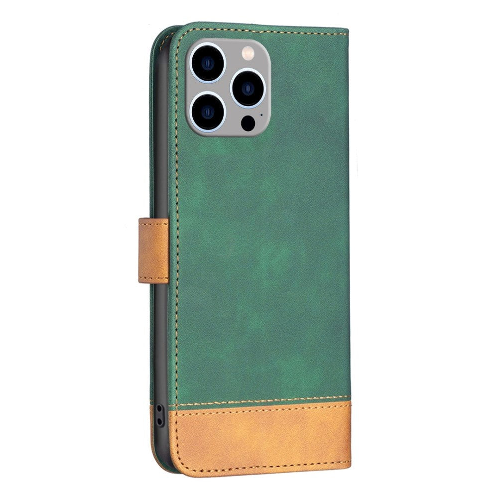 iPhone 14 Pro Max Soft Leather Flip Case with Wallet & Brown Bottom - Green