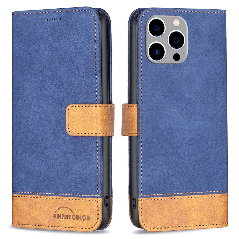 iPhone 14 Pro Max Soft Leather Flip Case with Wallet & Brown Bottom - Blue