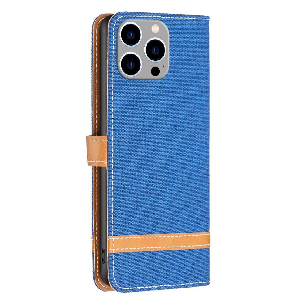 iPhone 14 Pro Max Leather Flip Case with Horizontal Stripe - Dark Blue