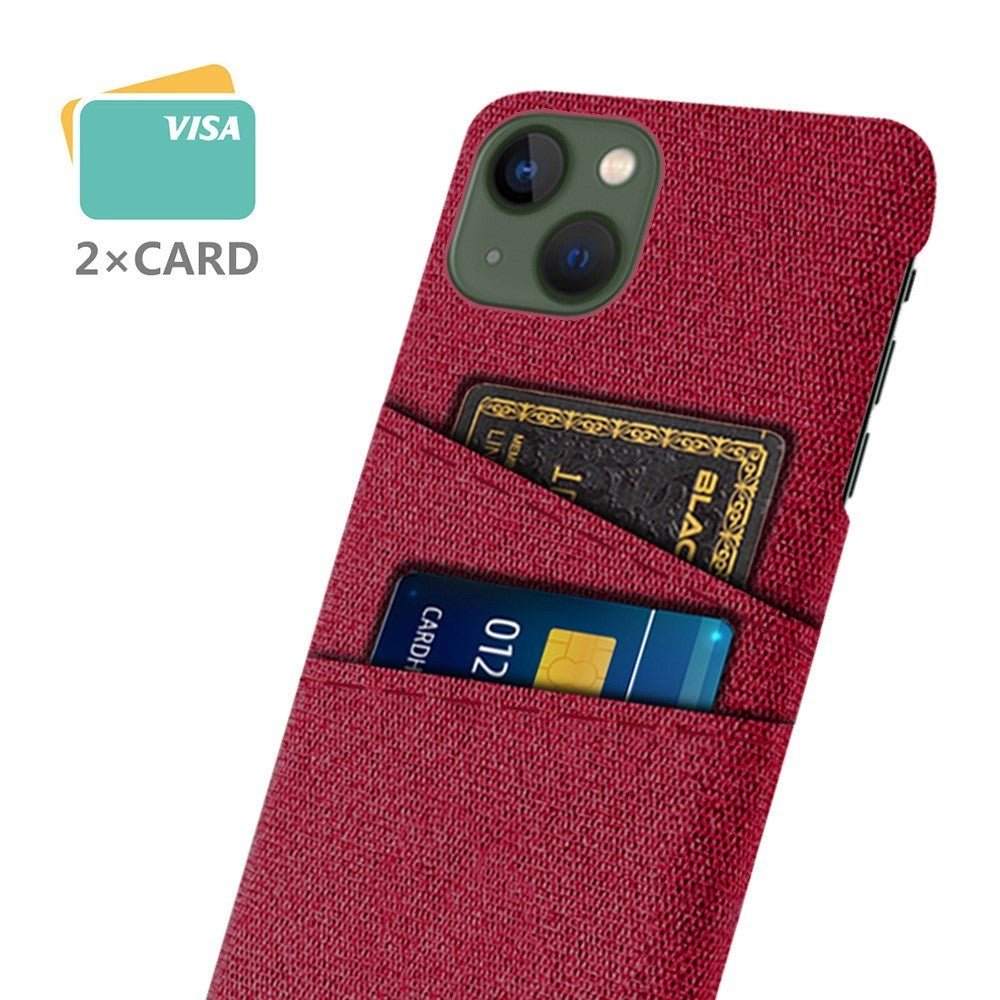 iPhone 14 Fabric Covered Plastic Back Case with Card Holder - Red