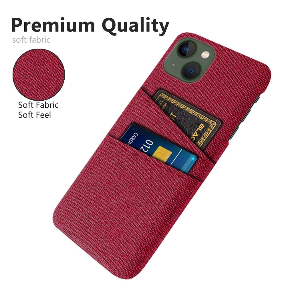 iPhone 14 Fabric Covered Plastic Back Case with Card Holder - Red