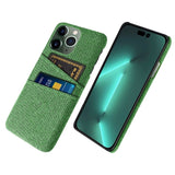 iPhone 14 Pro Fabric Covered Plastic Back Case with Card Holder - Green