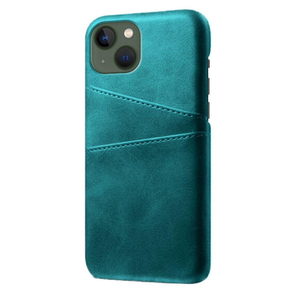 iPhone 14 Leather Coated Plastic Case with Card Holder - Cyan