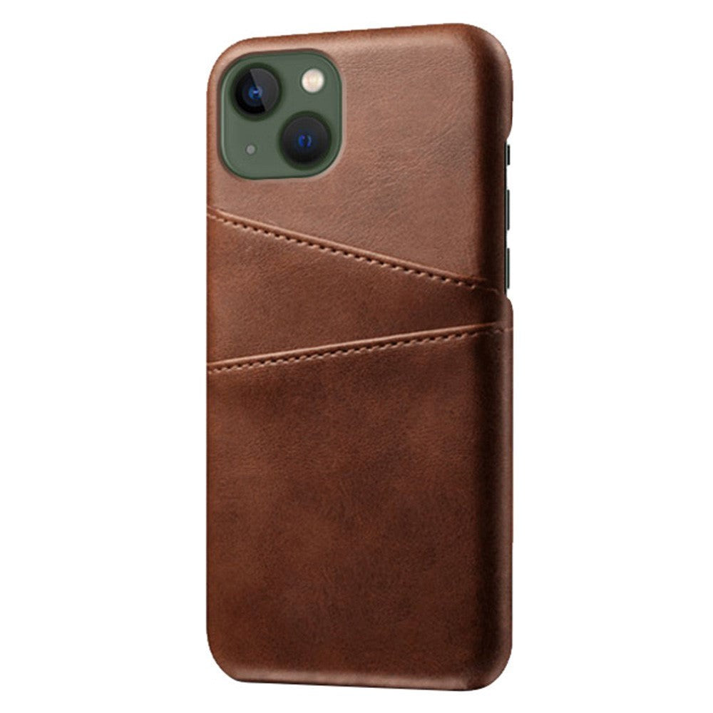 iPhone 14 Leather Coated Plastic Case with Card Holder - Dark Brown