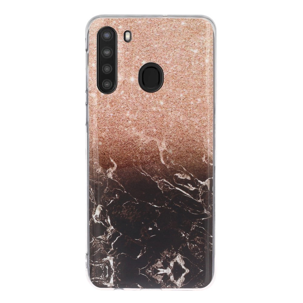 Samsung Galaxy A21 Flexible Plastic Case w. Marble Print - Bronze / Black Marble