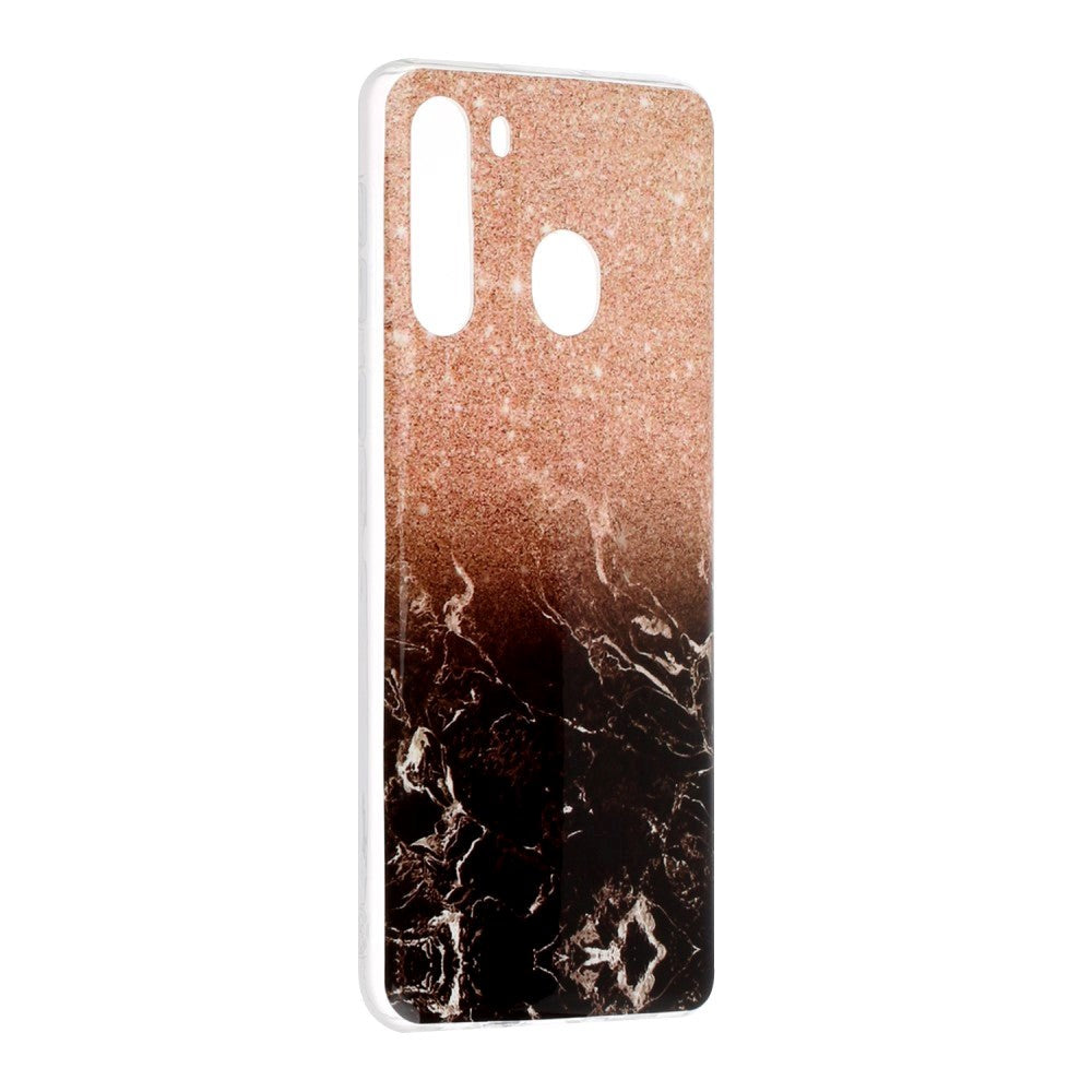 Samsung Galaxy A21 Flexible Plastic Case w. Marble Print - Bronze / Black Marble