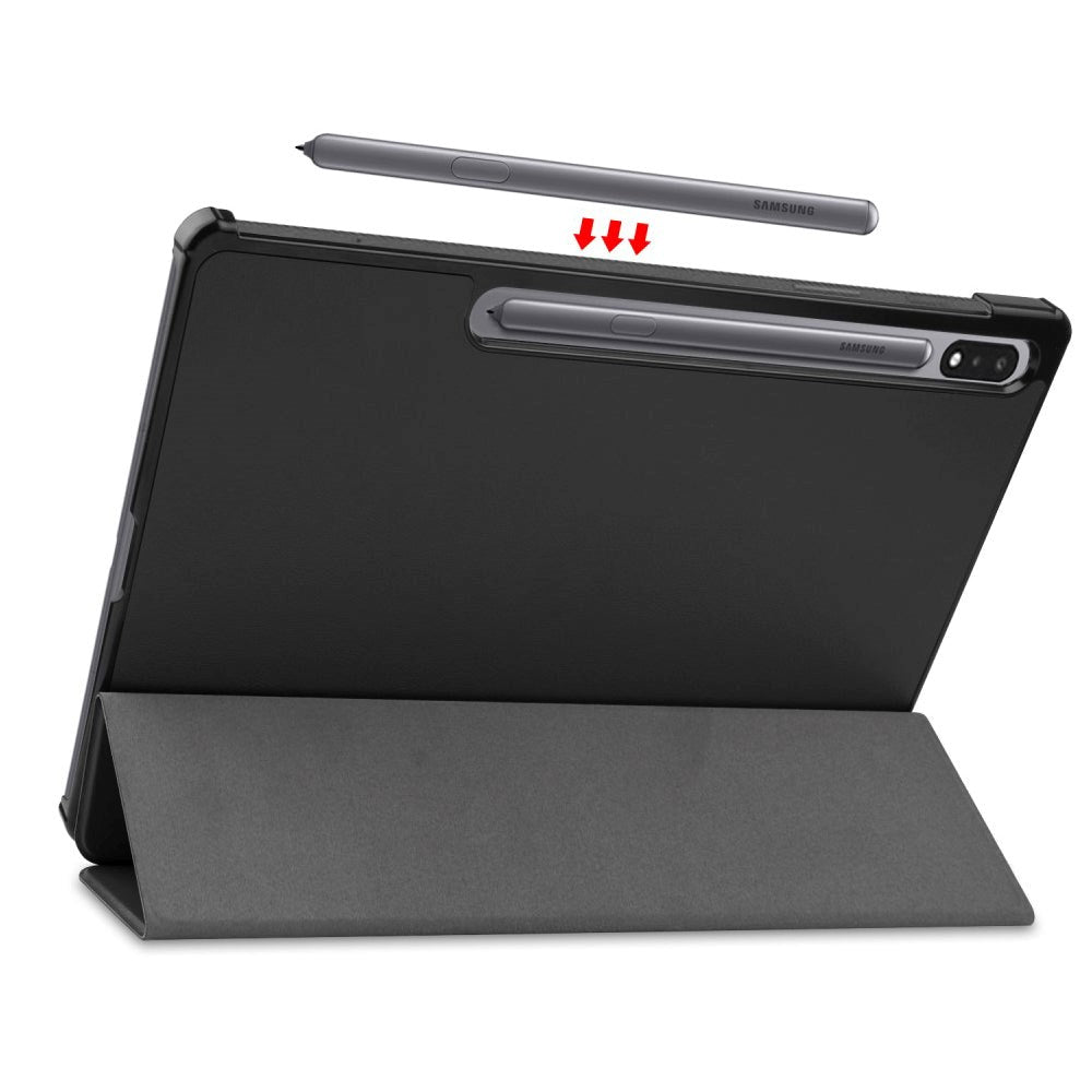 Samsung Galaxy Tab S8 Plus / S7 Plus 12.4" Tri-Fold Leather Case w. Pen Holder Black