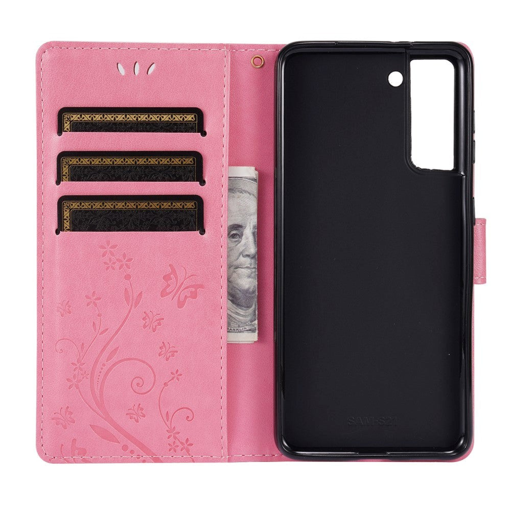 Samsung Galaxy S21 Leather Wallet Case - Flowers Imprint - Pink