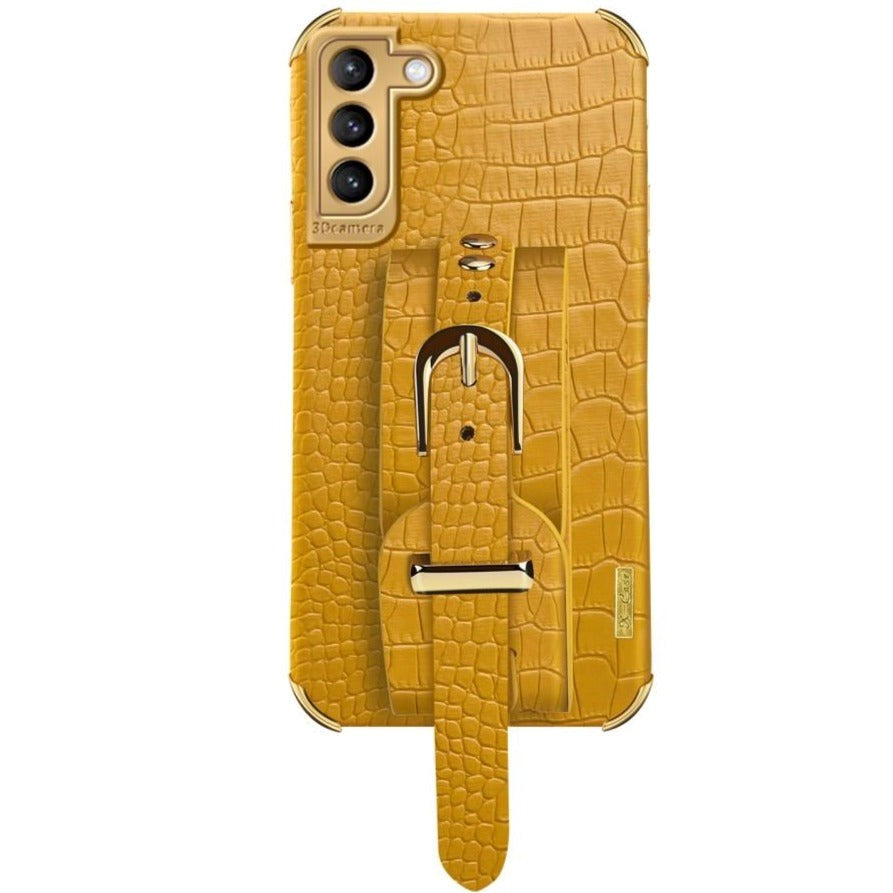 Samsung Galaxy S21 Flexible Crocodile Leather Case w. Hand holder - Yellow