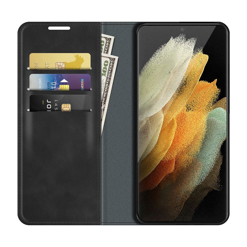 Samsung Galaxy S22 Ultra Matte Leather Flip Case w. Card Holder & Stand - Black