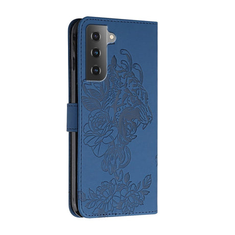 Samsung Galaxy S22 Leather Flip Case Tiger Pattern w. Strap - Blue