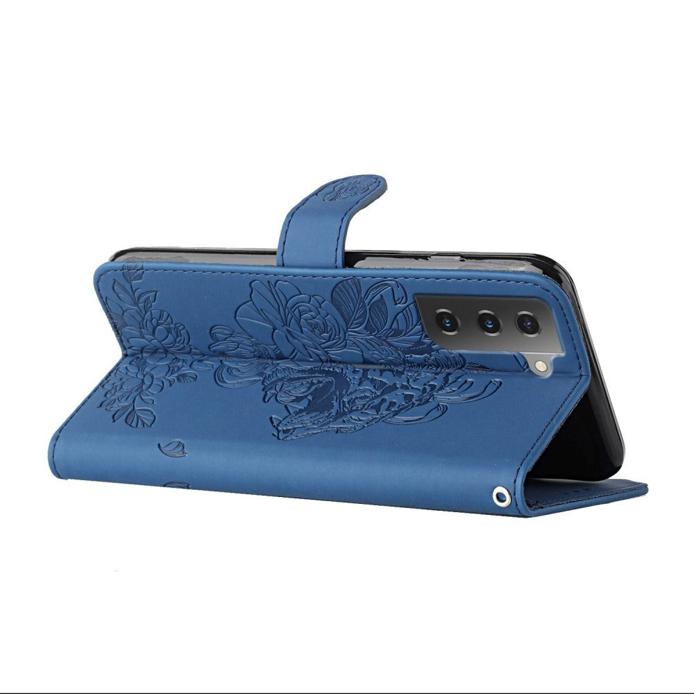 Samsung Galaxy S22 Leather Flip Case Tiger Pattern w. Strap - Blue