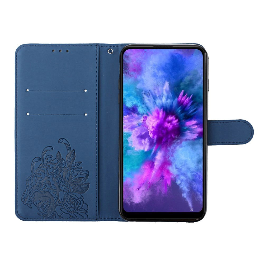 Samsung Galaxy S22 Leather Flip Case Tiger Pattern w. Strap - Blue