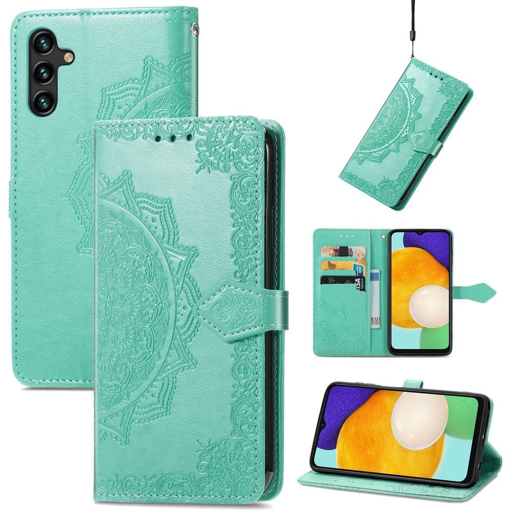 Samsung Galaxy A04s / A13 (5G) Leather Case w. Strap Mandala Pattern - Green