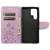 Samsung Galaxy S22 Ultra Leather Wallet Case Butterflies & Flowers - Purple