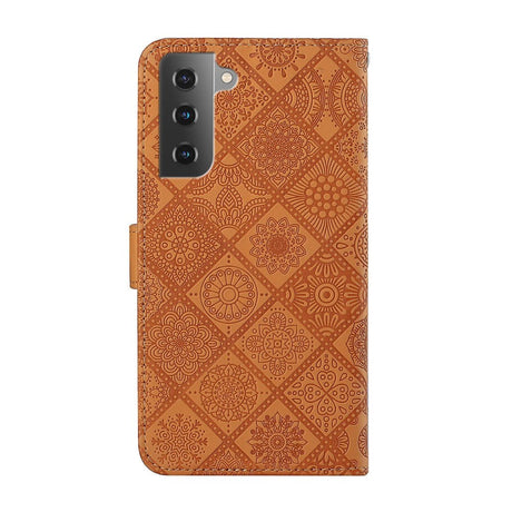 Samsung Galaxy S22+ (Plus) Leather Wallet Case Pattern with Flowers - Brown