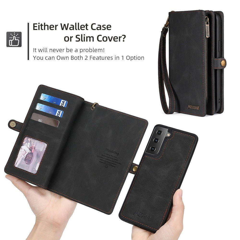 Samsung Galaxy S21 FE (5G) MEGSHI 2-in-1 Magnetic Leather Flip Case w. Large Wallet - Black