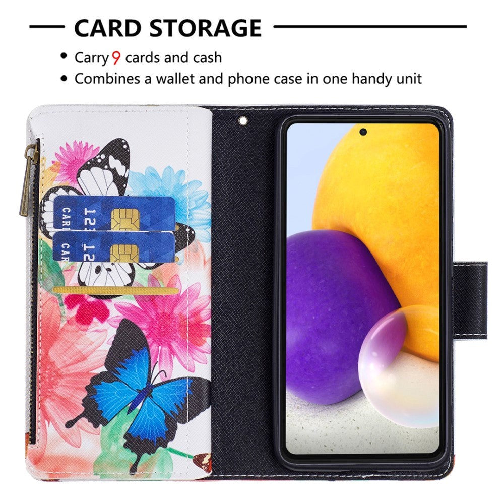 Samsung Galaxy A73 (5G) Leather Case w. Large Wallet - White & Blue butterfly