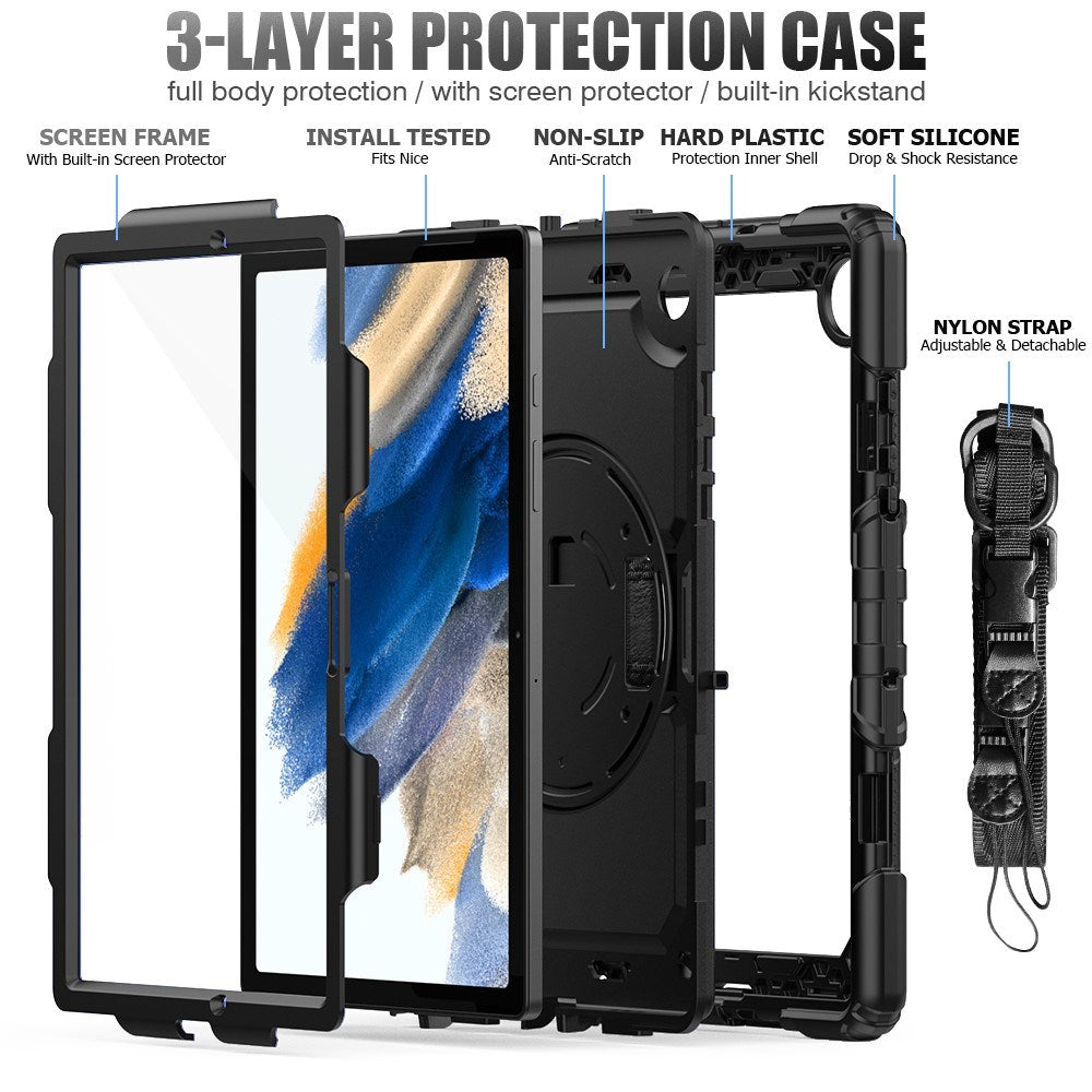 EIDERWOOD Samsung Galaxy Tab A8 10.5" (2021) Tough Case w. Hand Holder, Shoulder Strap & Screen Protector - Black