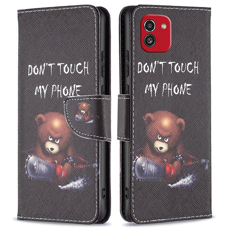 Samsung Galaxy A03 Case with Large Wallet in Leather - Do not Touch My Phone Bear - Black