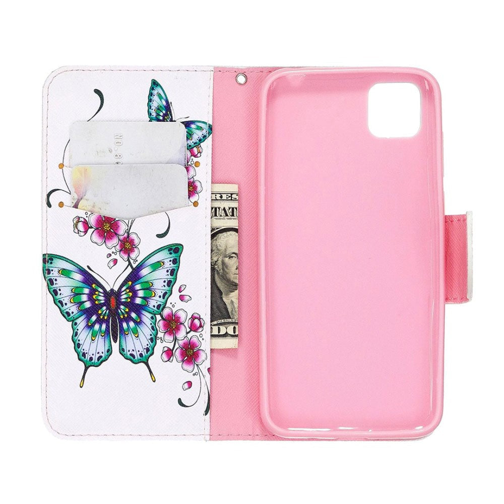 Huawei Y5p Chequered Leather Wallet Case - Butterfly