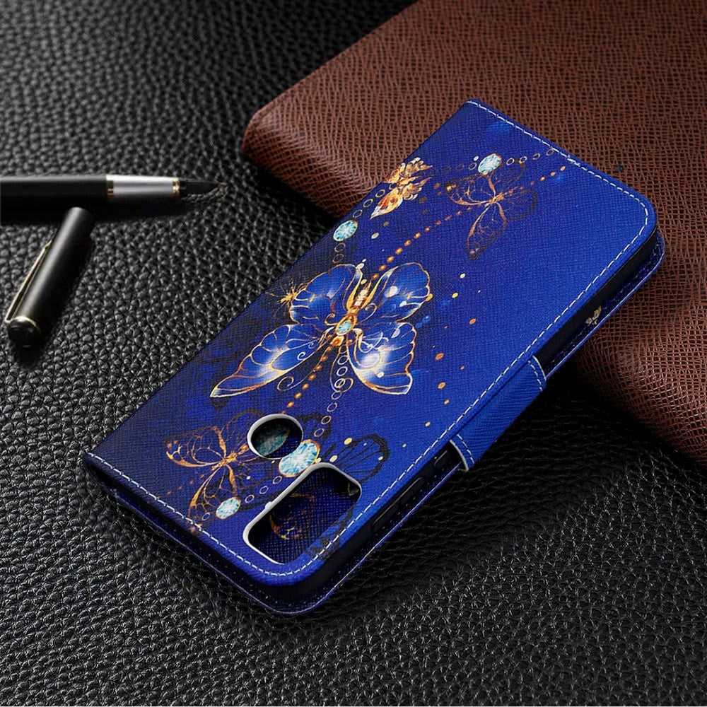 Huawei Honor 9X Lite Leather Wallet Case - Gold & Blue Butterflies