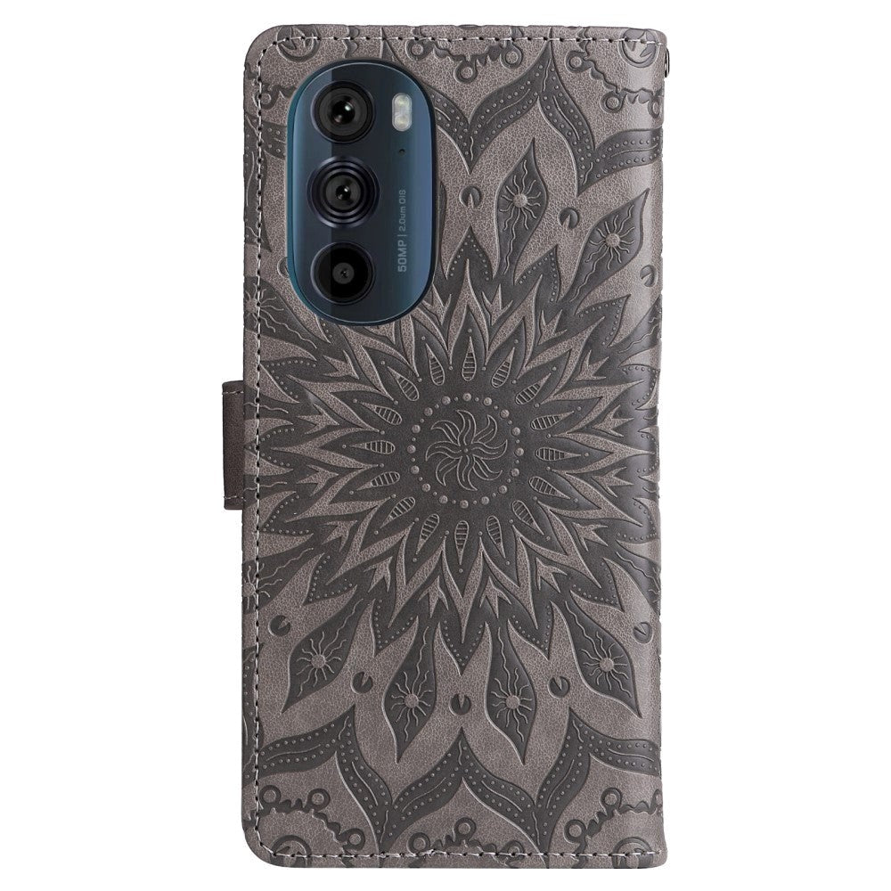 Motorola Edge 30 Pro Leather Case with Wallet and Strap - Mandala Print - Grey