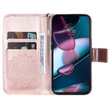 Motorola Edge 30 Pro Leather Case with Wallet and Strap - Mandala Print - Rose Gold