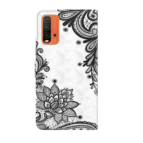 Xiaomi Redmi 9T Leather Wallet Case & Print - Black Flower