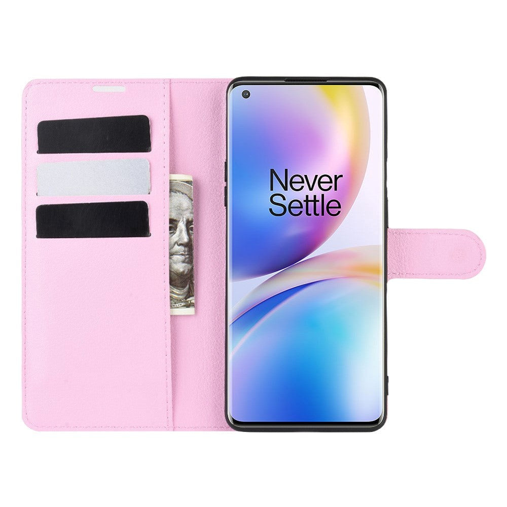 OnePlus 8 Pro Litchi Leather Flip Case w. Wallet - Pink